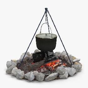 Campfire with Tripod and Cooking Pot